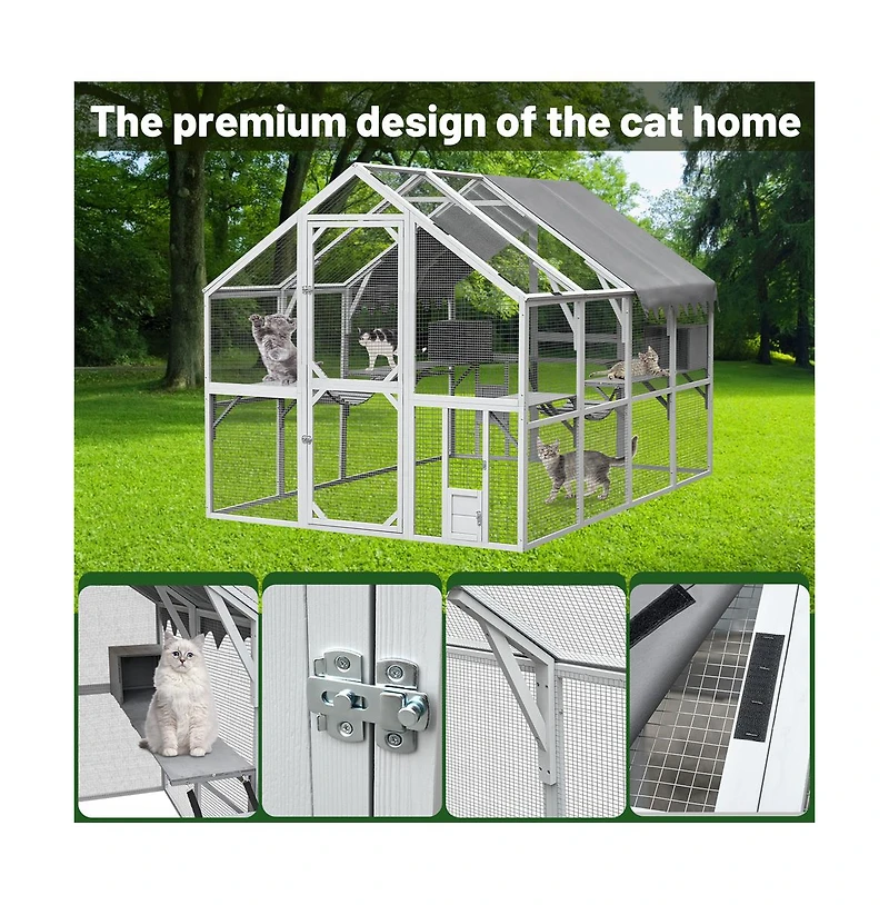Aostirmotor 110 in. Outdoor Cat House Cat Enclosures with Platforms Upgrade Waterproof Cover in Gray White