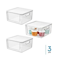 iDesign Stackable Open-Front Bins with Lid, Set of 3, Clear/White