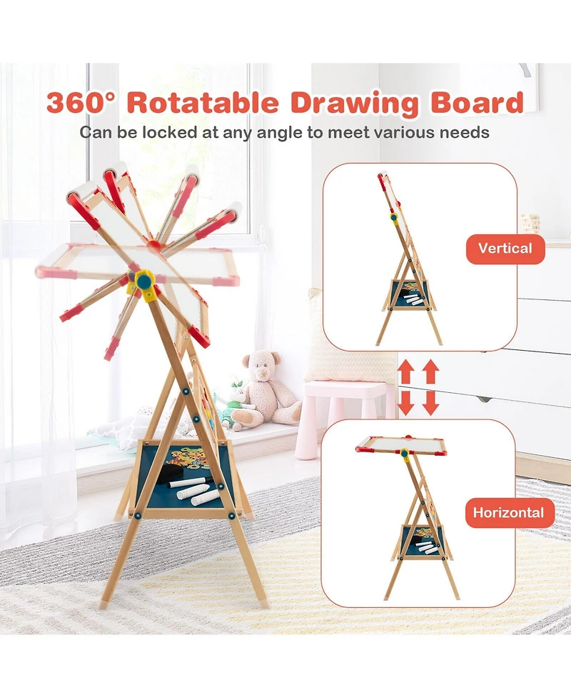 Akiudex 3-in-1 Kids Wooden Art Easel with Rotating Board, Paper Roll, and Storage Tray