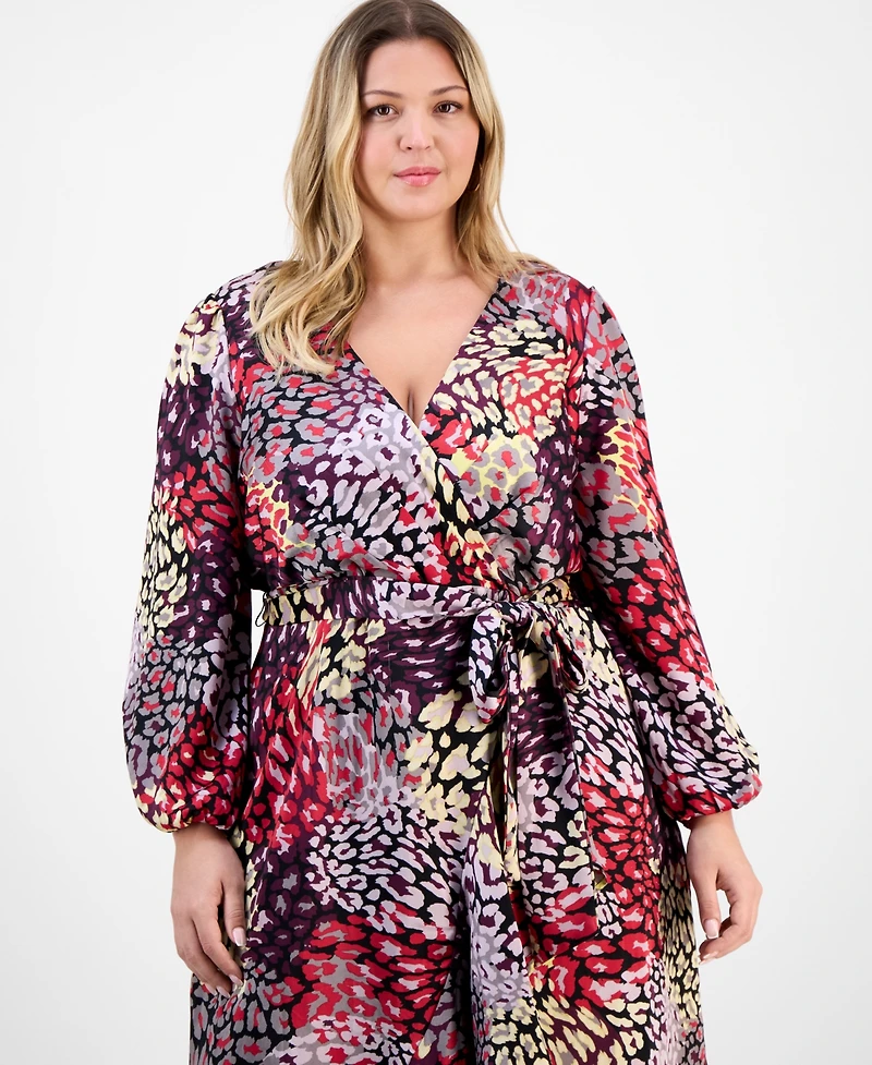 Tahari Asl Plus Ruffle Hem Printed Faux-Wrap Dress