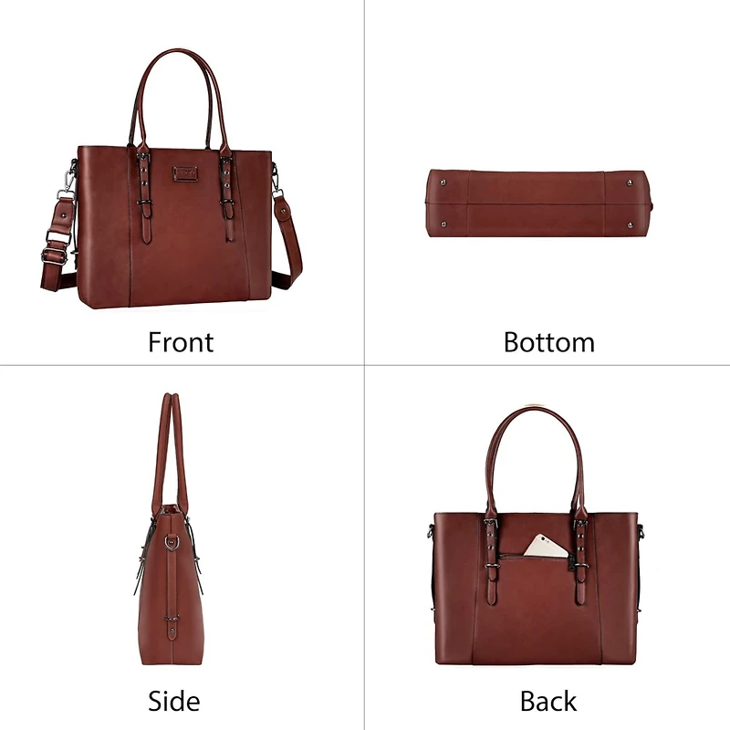 Mosiso Brown Pu Leather Laptop Tote Bag for Women - 17-17.3 Inch Waterproof Business Briefcase, Large Capacity Shoulder Bag for Work & Laptop