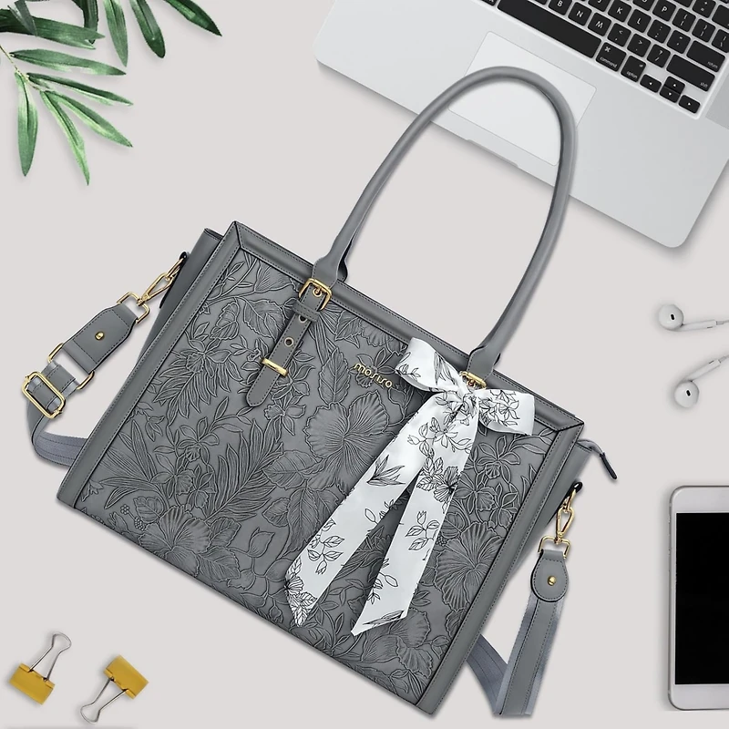 Mosiso Gray 17-17.3 Inch Pu Leather Laptop Tote Bag for Women - Compatible with MacBook, Hp, Dell, Asus - Retro Hibiscus Embossed Computer Bag