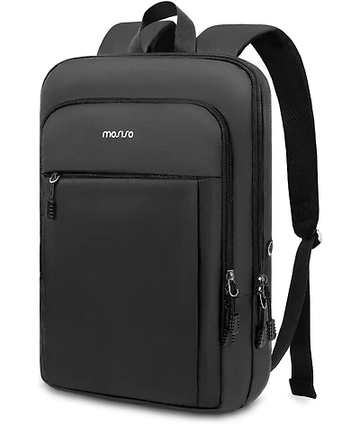 Mosiso Men's Slim Black Laptop Backpack - 15.6" Waterproof Daypack for College/Work/Business/Travel with Luggage Strap