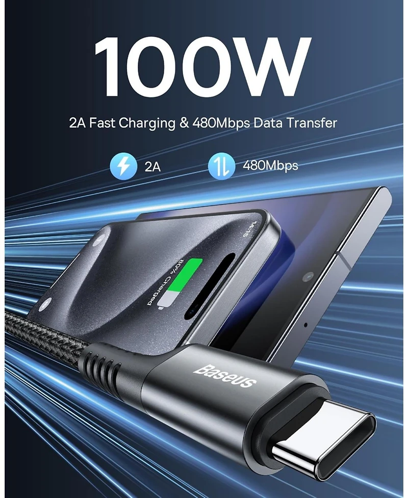 Baseus Usb Type C Cable for Car, 2-Pack 3.3ft 100W Retractable Coiled Usb A to Usb C Fast Charger Cord, Nylon Braided Carplay Cable