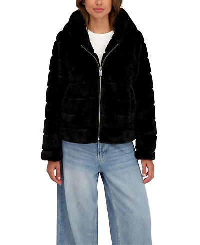 Sebby Collection Women's Hooded Grooved Short Faux Fur Jacket