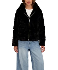 Sebby Collection Women's Hooded Grooved Short Faux Fur Jacket