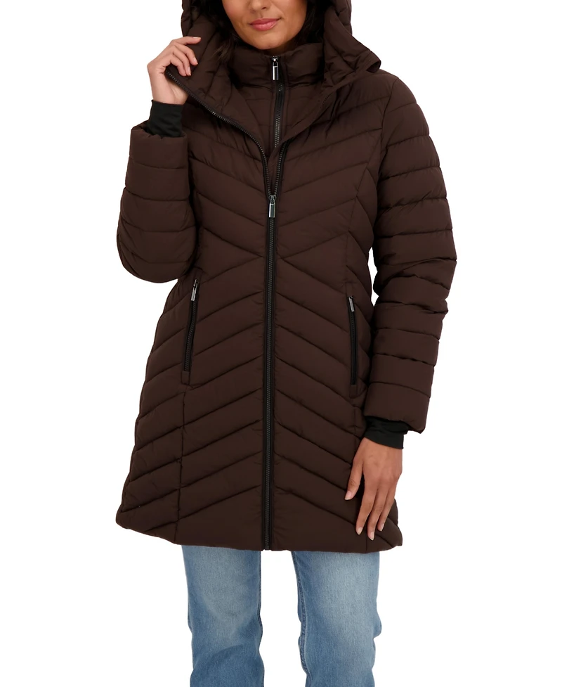 Sebby Collection Women's 3/4 Hooded Stretch Puffer with Bib
