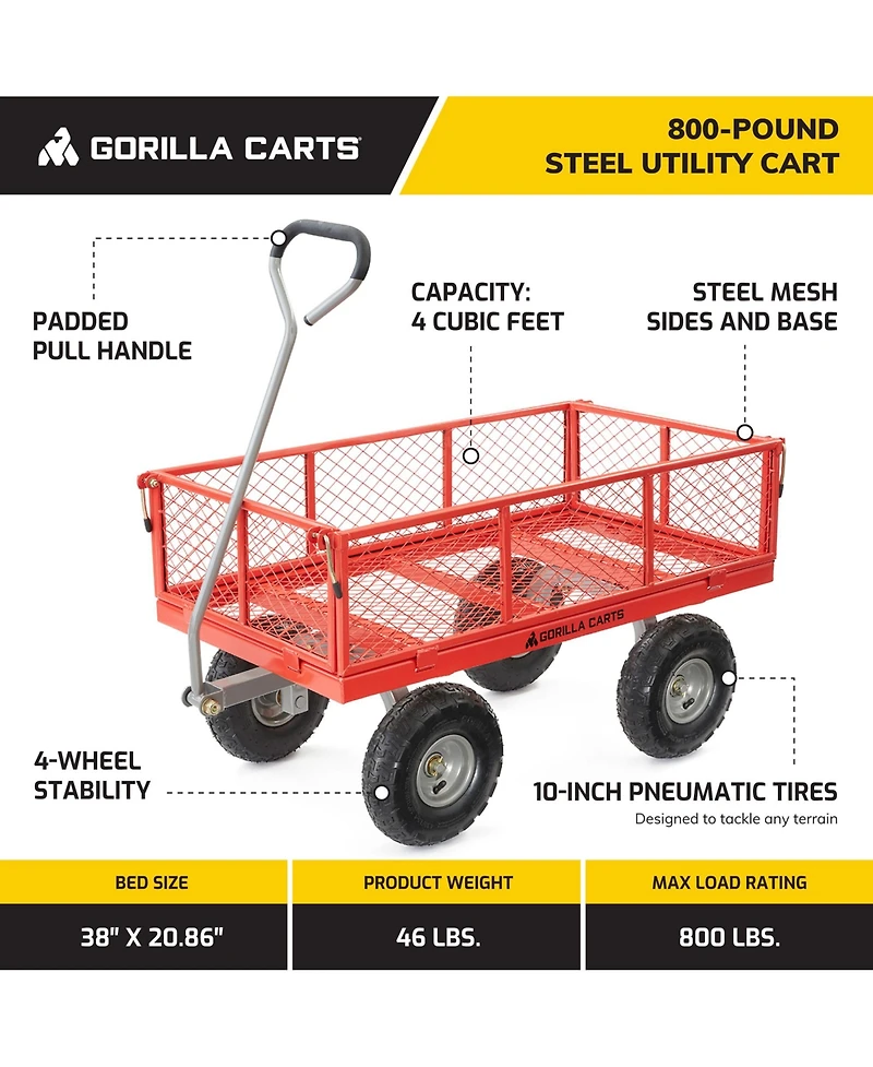 Gorilla Carts Gorilla Cart 800 Pound Capacity Heavy Duty Steel Mesh Utility Wagon Cart, Red