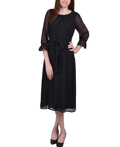 Ny Collection Petite 3/4 Sleeve Belted Swiss Dot Dress
