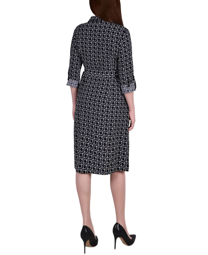 Ny Collection Petite 3/4 Roll Tab Sleeve Belted Shirtdress