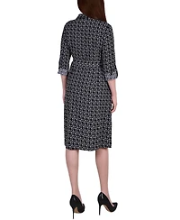 Ny Collection Petite 3/4 Roll Tab Sleeve Belted Shirtdress
