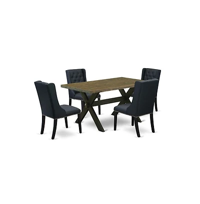 East West Furniture 5 Pc Dining Room Table Set Consists of 4 Black Linen Fabric Dining Chairs with Nailheads and Distressed Jacobean Dining Table