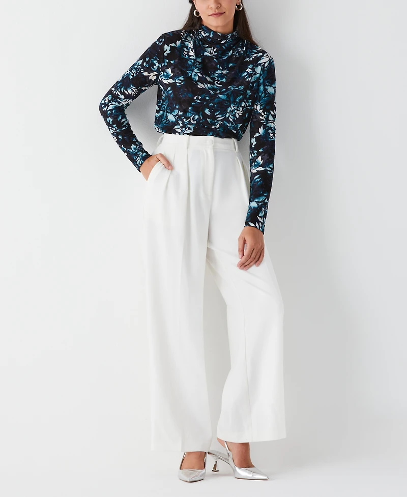 Ella Rafaella Women's Shadow Damask Print Ruched Mock Neck Long Sleeve Top