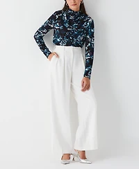 Ella Rafaella Women's Shadow Damask Print Ruched Mock Neck Long Sleeve Top
