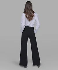 Karl Lagerfeld Paris Women's Petite Silky Straight-Leg Pull-On Pants