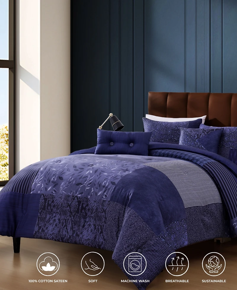 Bebejan Blue Denim Patchwork Bedding 100% Cotton Sateen 5 Piece King Size Reversible Comforter Set