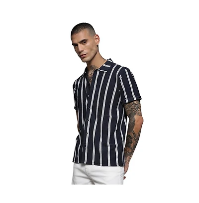 Campus Sutra Men's Prussian Blue Contrast Halo Striped Shirt