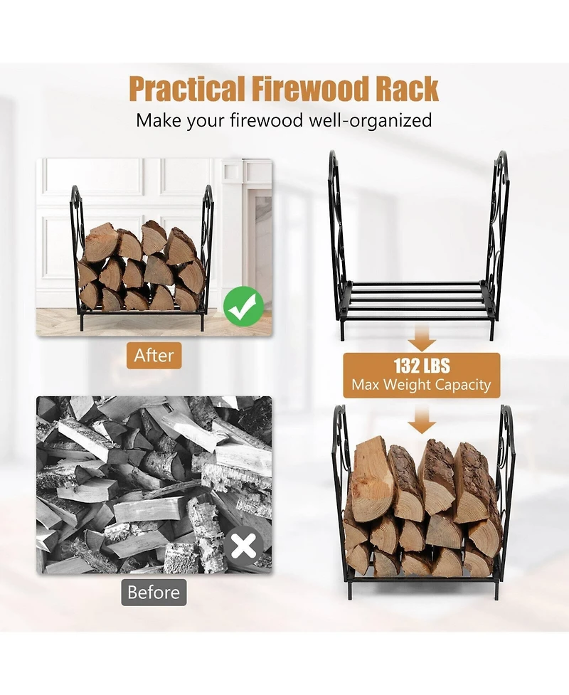Akiudex Indoor Outdoor Steel Firewood Rack with Raised Base and Decorative Design