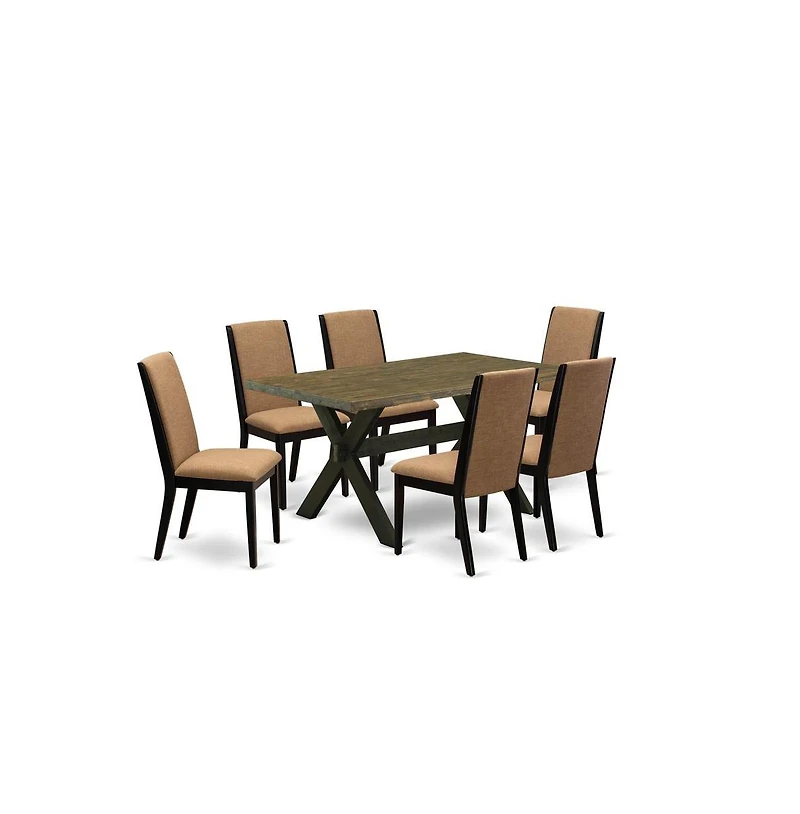East West Furniture 7-Piece Beautiful Dining Set an Outstanding Distressed Jacobean Dining Table Top and 6 Stunning Linen Fabric Kitchen Chairs with S