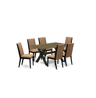 East West Furniture 7-Piece Beautiful Dining Set an Outstanding Distressed Jacobean Dining Table Top and 6 Stunning Linen Fabric Kitchen Chairs with S