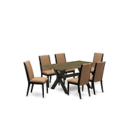 East West Furniture 7-Piece Beautiful Dining Set an Outstanding Distressed Jacobean Dining Table Top and 6 Stunning Linen Fabric Kitchen Chairs with S