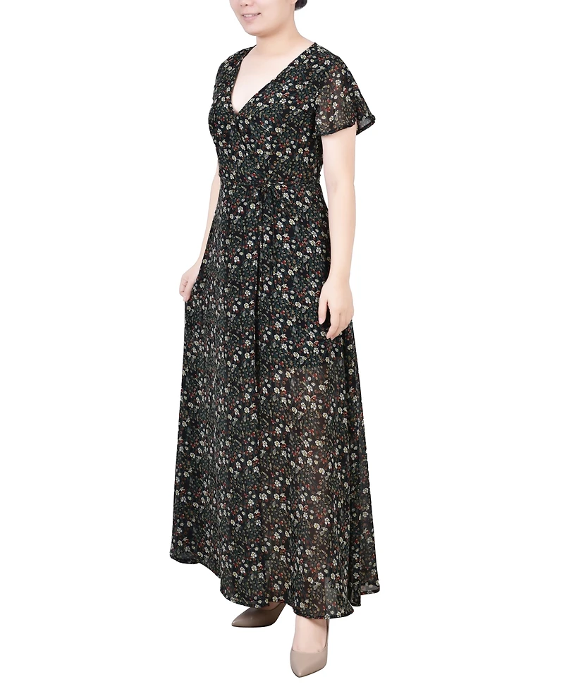 Ny Collection Petite Short Sleeve Chiffon Wrap Maxi Dress