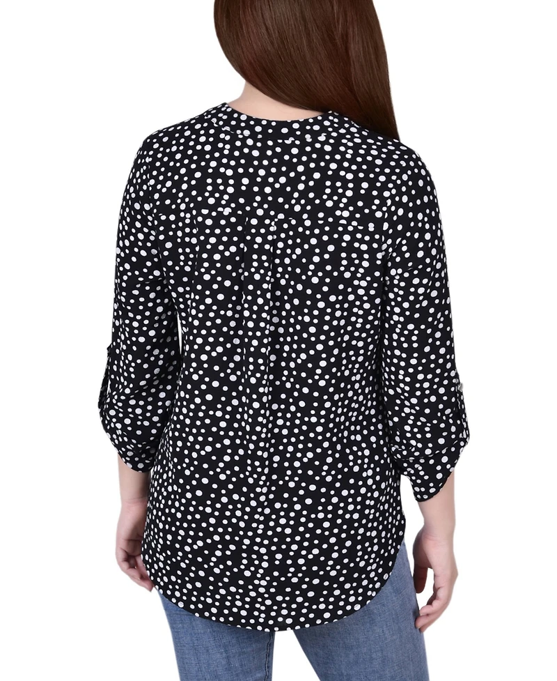 Ny Collection Petite 3/4 Push Tab Mandarin Collar Top