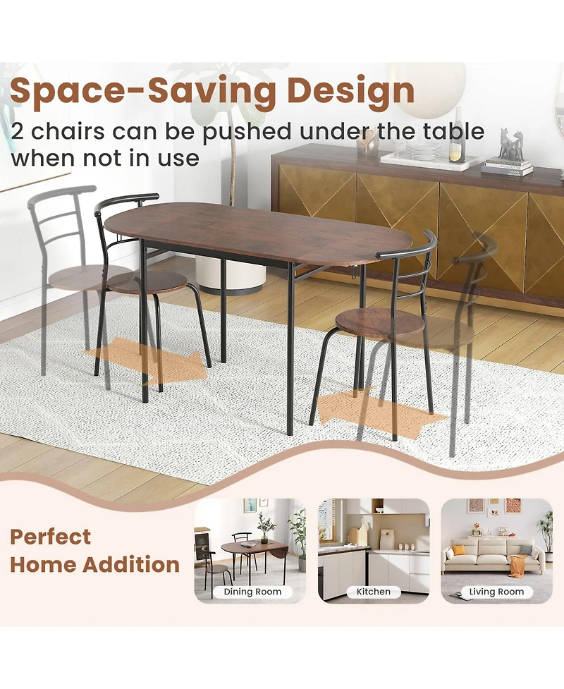 Gymax 3 Pcs Foldable Dining Table Set w/ 2 Chairs Industrial Oval Corner Dining Set