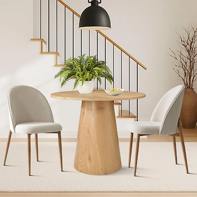 Maison Boucle 35 Inch Round Oak Veneer Dining Table Set with 2 Upholstered Chairs, Small Space Kitchen & Apartment Dining Room Furniture-Maison Boucle