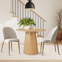 Maison Boucle 35 Inch Round Oak Veneer Dining Table Set with 2 Upholstered Chairs, Small Space Kitchen & Apartment Dining Room Furniture-Maison Boucle