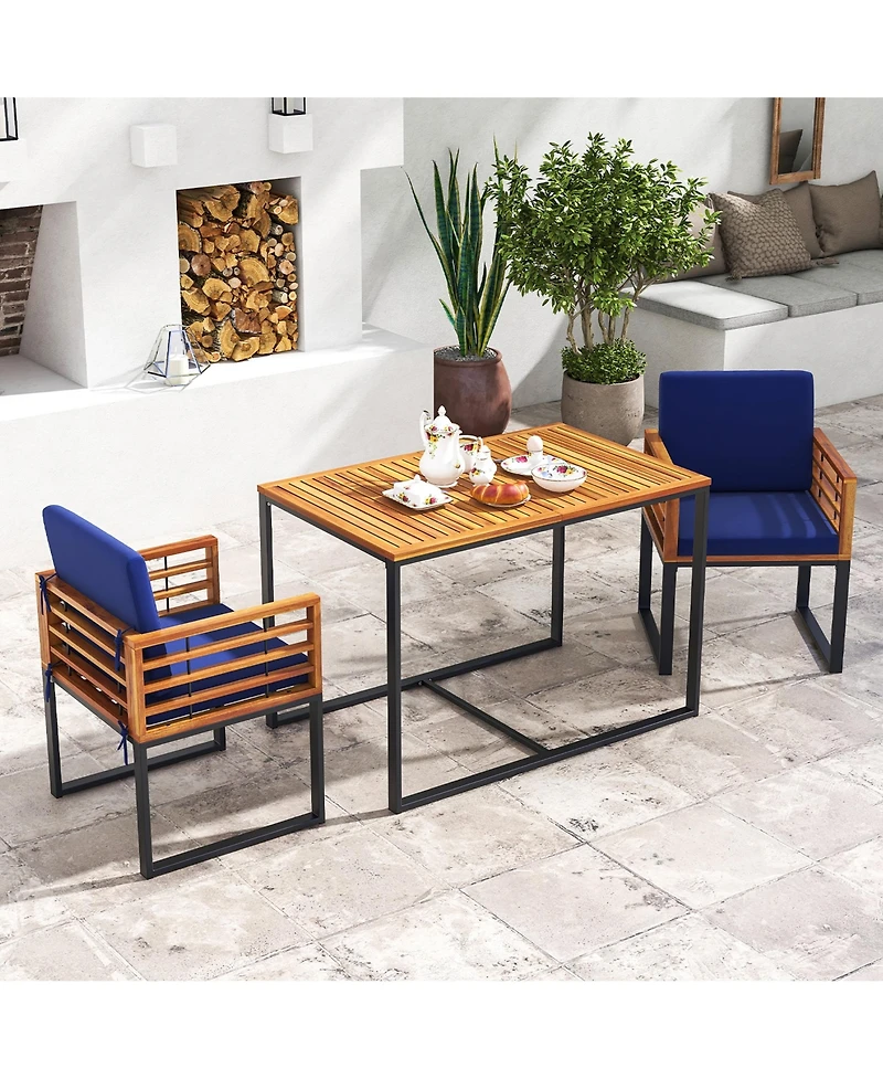 Gymax 3 Piece Outdoor Dining Set 2 Acacia Wood Armchairs w/ 43.5 Inch Dining Table