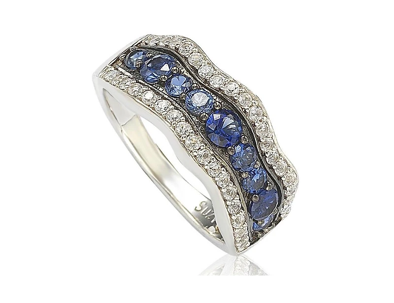 Suzy Levian New York Sterling Silver Sapphire & Created White 9 Stone Curvy Frame Ring