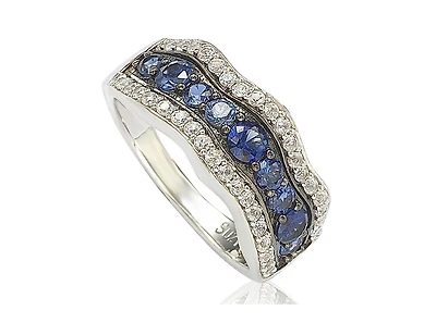 Suzy Levian New York Sterling Silver Sapphire & Created White 9 Stone Curvy Frame Ring