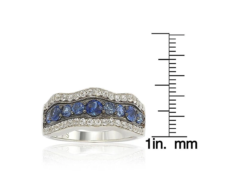 Suzy Levian New York Sterling Silver Sapphire & Created White 9 Stone Curvy Frame Ring