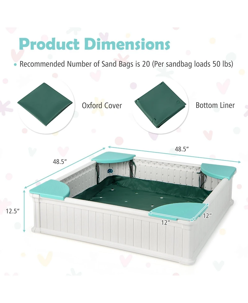 Akiudex Large Outdoor Kids Sandbox with Cover, Bottom Liner, and 4 Corner Seats