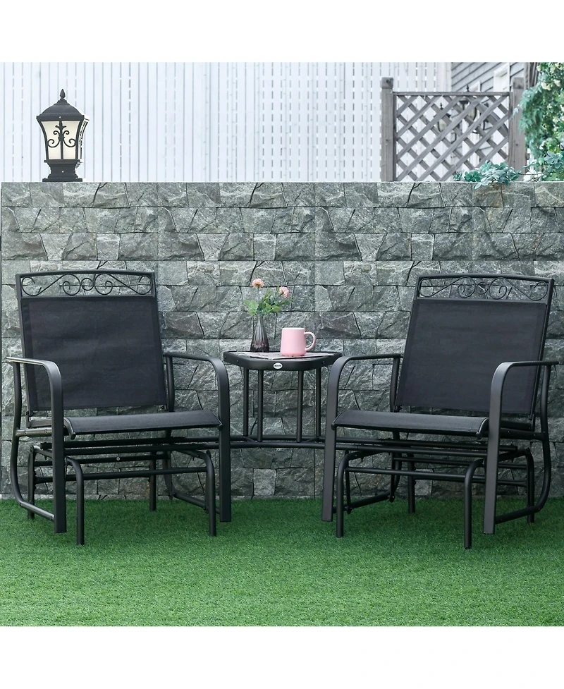Flynama Outdoor Glider Chairs with Coffee Table, Patio 2-Seat Rocking Chair Swing with Breathable Sling for Backyard, Garden and Porch, Black