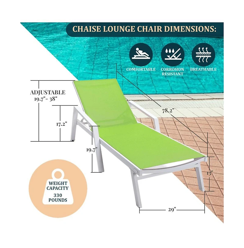 LeisureMod White Aluminum Outdoor Patio Chaise Lounge Chair With Arms