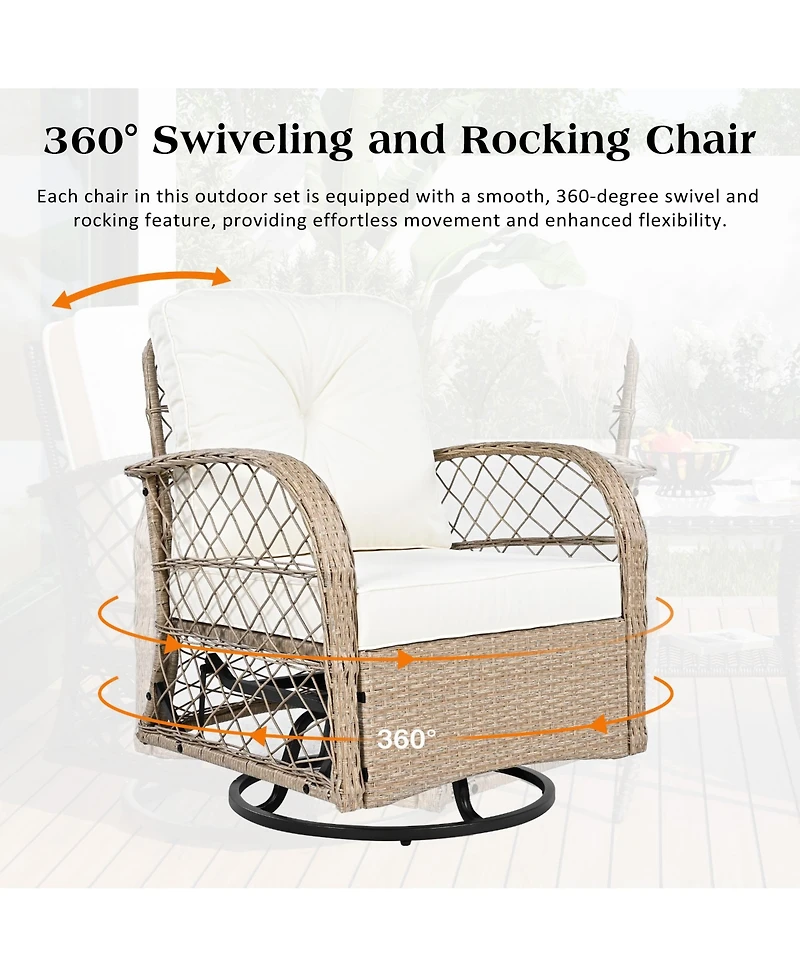 Flynama 3-piece Outdoor Chair&Table Set Chat Set 2-person Rattan Seating Group with Two Two Swiveling and Rocking Chairs and a Square Table for Garden
