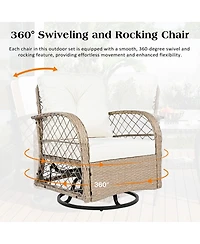 Flynama 3-piece Outdoor Chair&Table Set Chat Set 2-person Rattan Seating Group with Two Two Swiveling and Rocking Chairs and a Square Table for Garden
