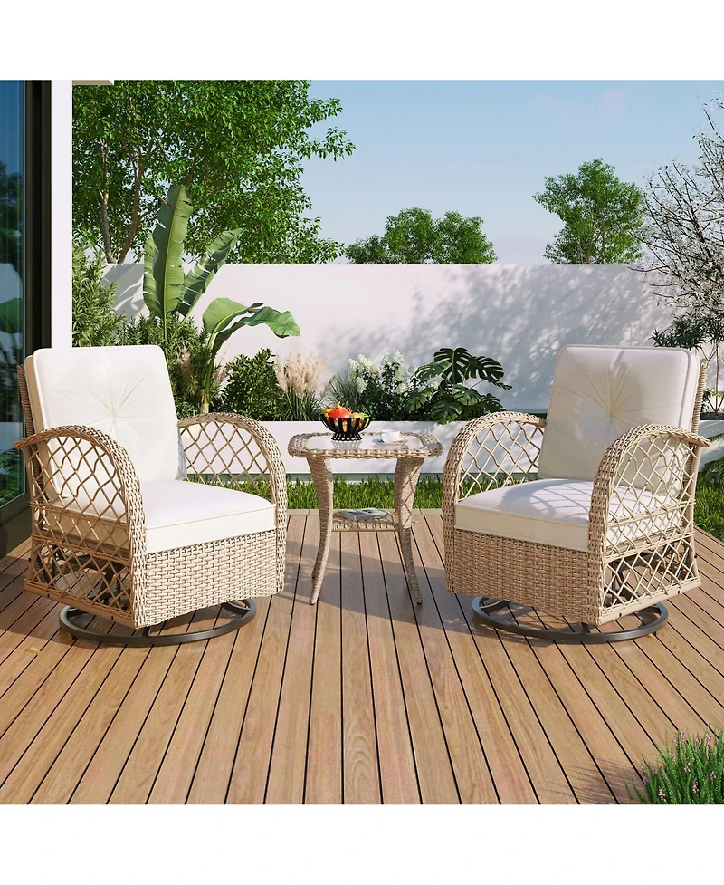 Flynama 3-piece Outdoor Chair&Table Set Chat Set 2-person Rattan Seating Group with Two Two Swiveling and Rocking Chairs and a Square Table for Garden