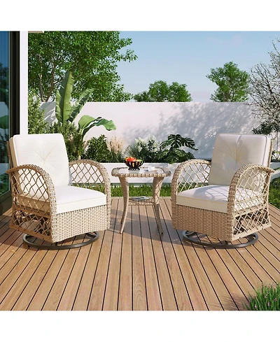 Flynama 3-piece Outdoor Chair&Table Set Chat Set 2-person Rattan Seating Group with Two Two Swiveling and Rocking Chairs and a Square Table for Garden