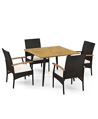 Gymax 5PCS Patio Pe Wicker Dining Set Table and Chairs w/ Cushions 1.9'' Umbrella Hole