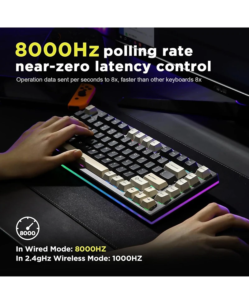 Yunzii RT80 Rapid Trigger Hall Effect Magnetic Gaming Keyboard, 8K Polling Rate,75% Layout,Bt/2.4GHz/Wired,Rgb Backlit,Hot Swap,Adjustable Actuation W