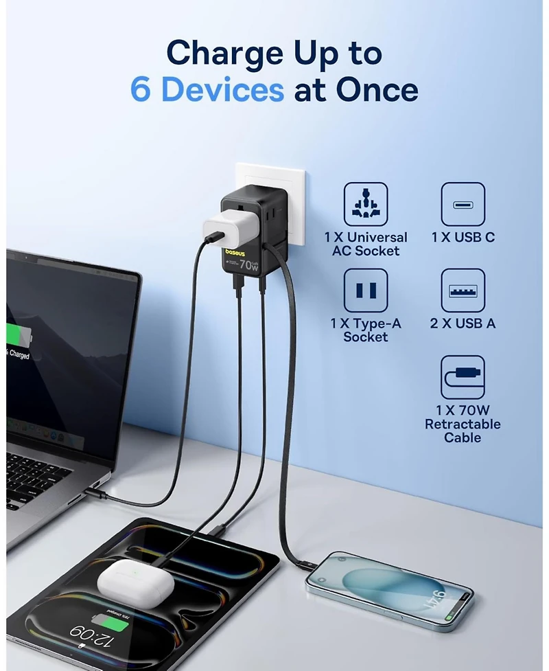 Baseus 70W Universal Travel Adapter with Retractable Cable, 6-in-1 International Plug Adapter, Usb-c Pd Fast Charging Worldwide Wall Charger