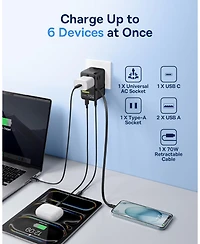 Baseus 70W Universal Travel Adapter with Retractable Cable, 6-in-1 International Plug Adapter, Usb-c Pd Fast Charging Worldwide Wall Charger