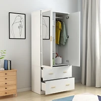 Wardrobe with Mirror and 2-Door 2-Drawer, Bedroom Armoire, Closet