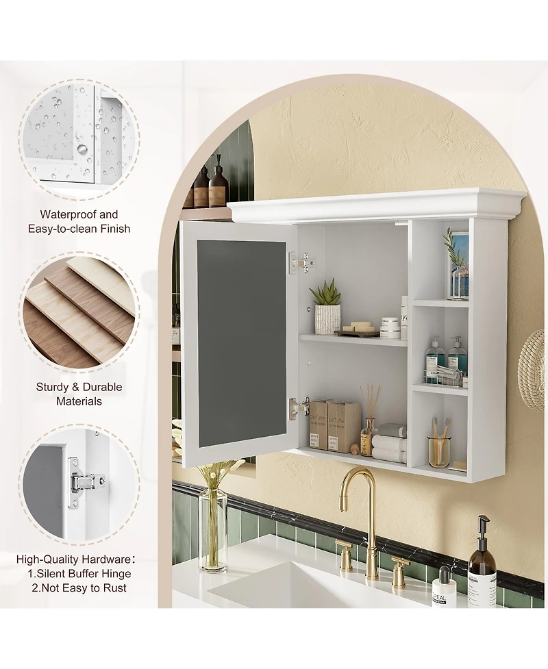 Casainc 35" x 28" Wall Mounted Medicine Cabinet with Mirror Door and 6 Open Shelves, Modern Bathroom Cabinet