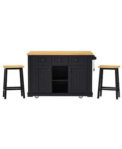 Casainc 53" Kitchen Island With 2 Bar Stools, Drop Leaf, Power Outlet, Open Racks and Drawers on Wheels