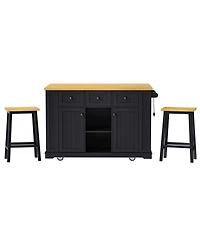 Casainc 53" Kitchen Island With 2 Bar Stools, Drop Leaf, Power Outlet, Open Racks and Drawers on Wheels