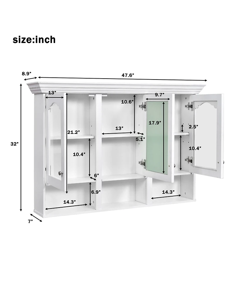 Casainc 47" Wall Mounted Cabinet with Mirror, 3 Adjustable Shelves and Open Storage Compartments
